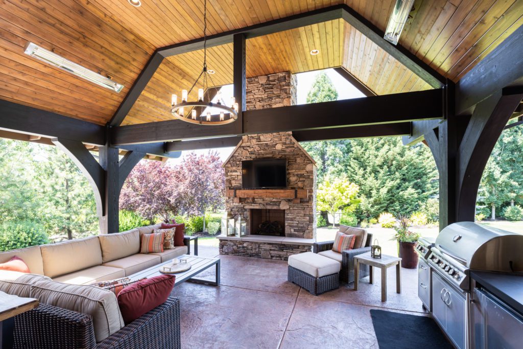 Portland, OR Outdoor kitchen remodel and entertaining area, covered entertaining area with fireplace, tv, and kitchen