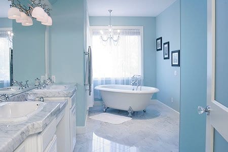Master bathroom remodel in Wilsonville with a blue and white color scheme
