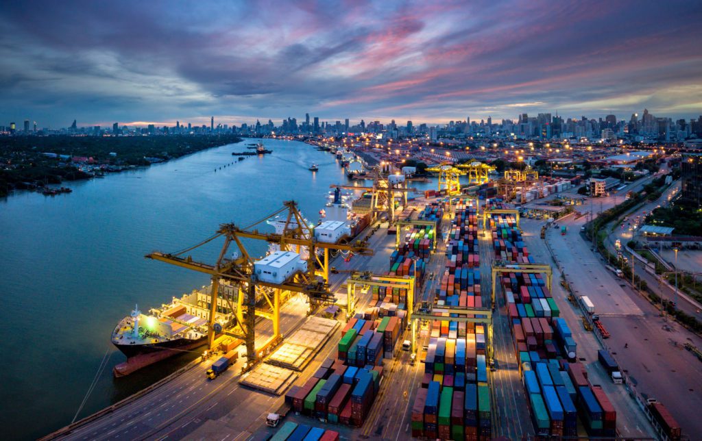 Picture of a shipping port at dusk