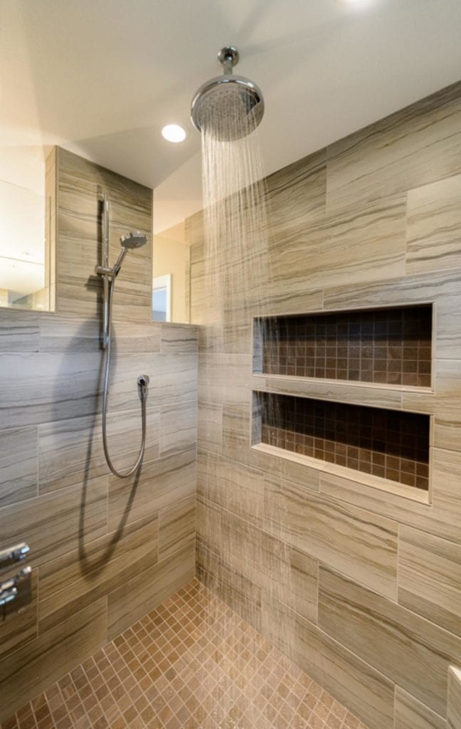 High quality shower stall with tiles that look like wood